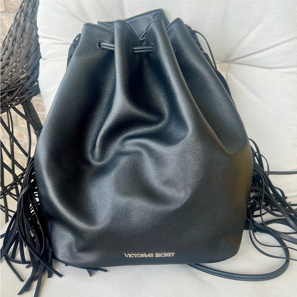 Victoria's Secret black faux leather drawstring backpack. Like new!